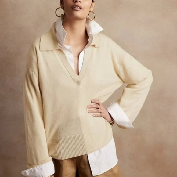 Banana Republic Factory Sweaters - Banana Republic Cream JOHNNY-COLLAR PULLOVER SWEATER/NWT/L